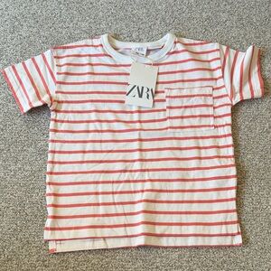 NWT Zara Kids White and Orange Striped Pocket Tee